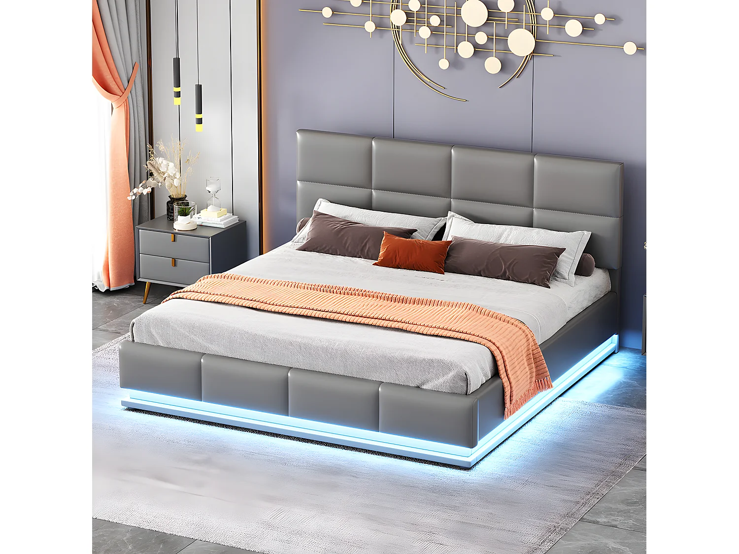 Lit coffre Lit capitonné Lit 160 x 200 cm avec LED coffre de lit lit double avec tête de lit capitonnée réglable en hauteur gris sans matelas