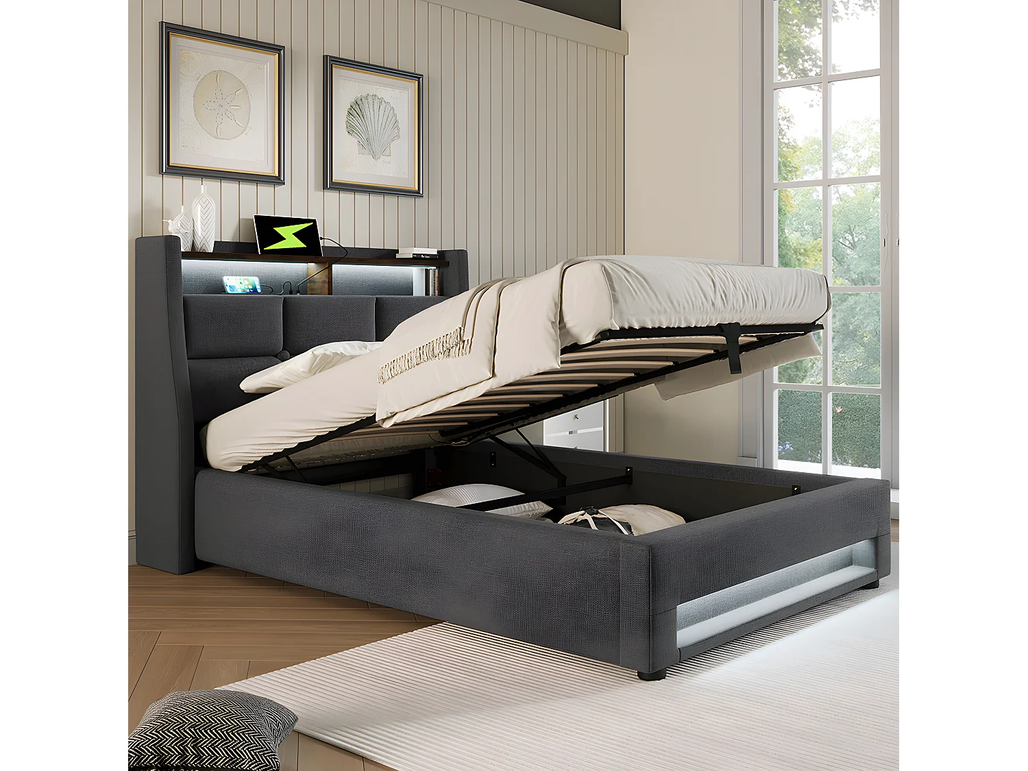 Lit coffre avec chargeur USB et LED - 90 x 200 cm - Gris - Sweiko