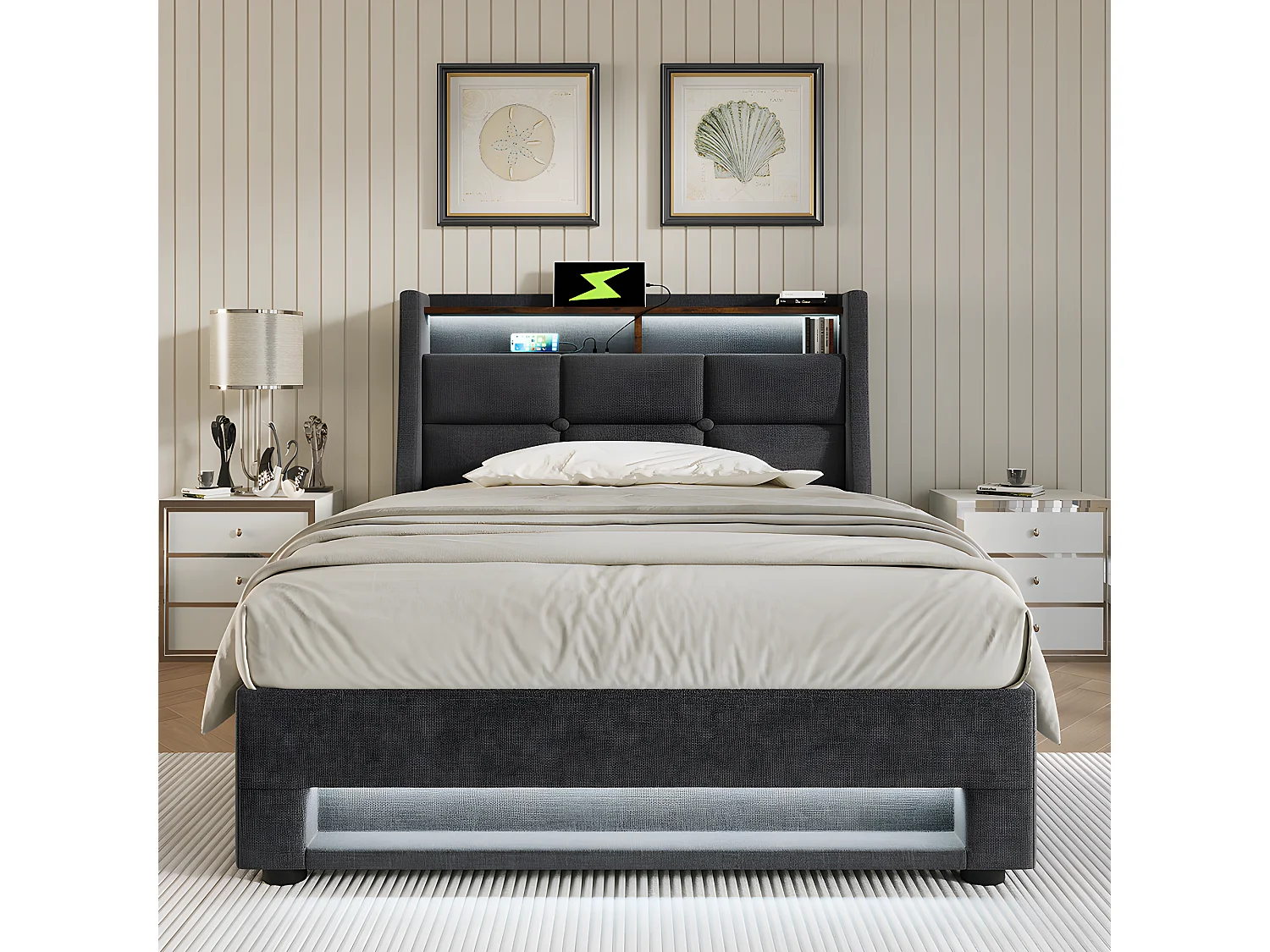 Lit coffre avec chargeur USB et LED - 90 x 200 cm - Gris - Sweiko