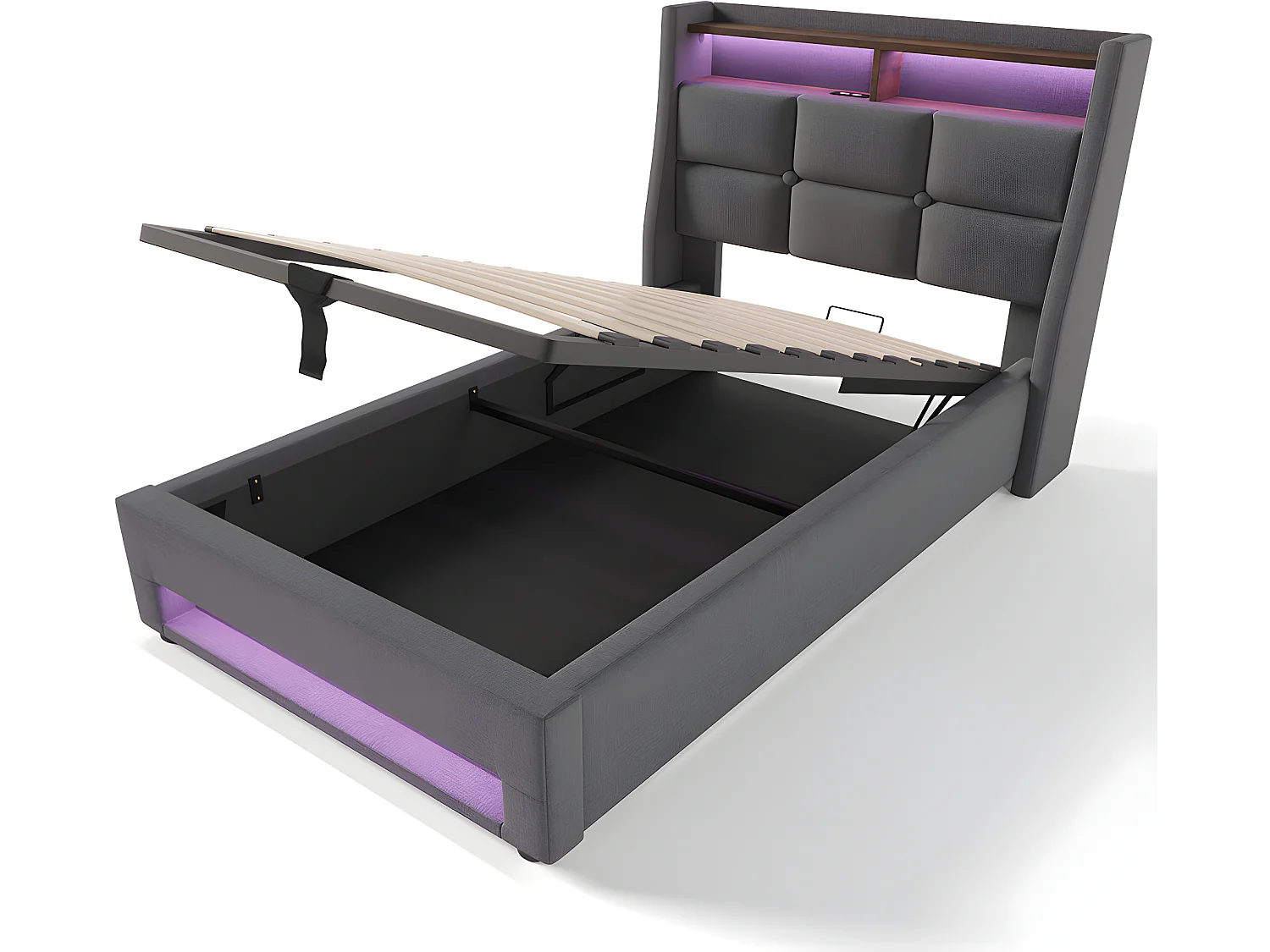 Lit coffre avec chargeur USB et LED - 90 x 200 cm - Gris - Sweiko