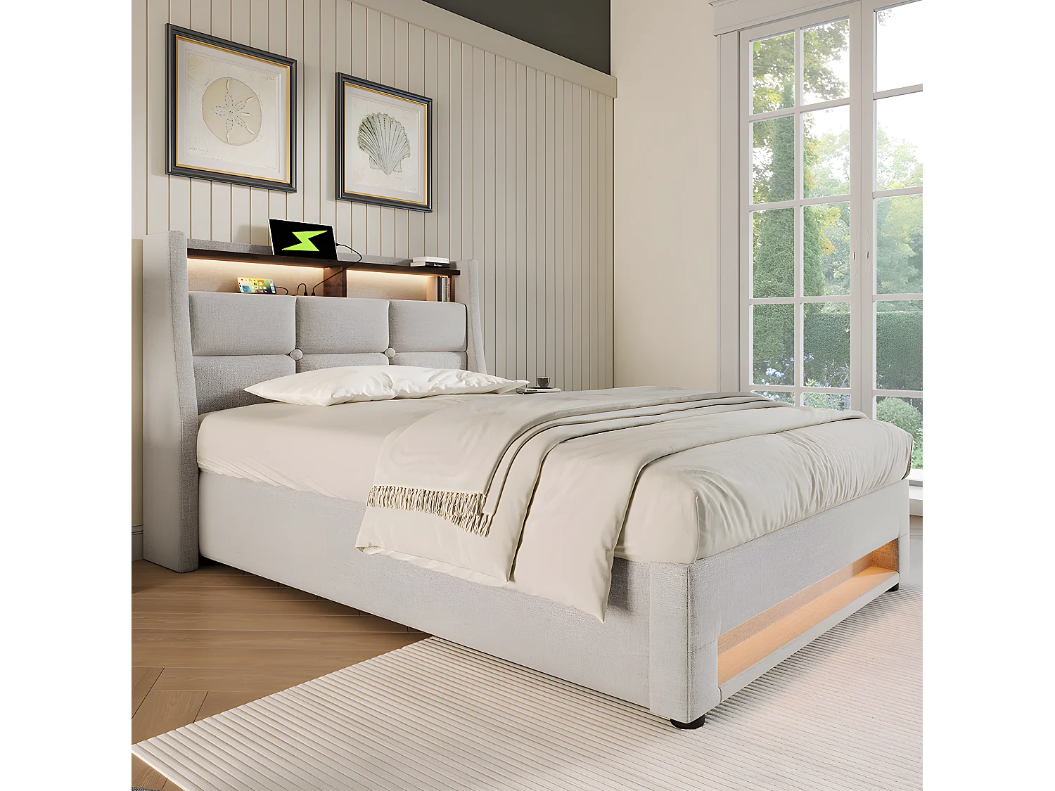 Lit coffre avec chargeur USB et LED - 90 x 200 cm - Beige - Sweiko