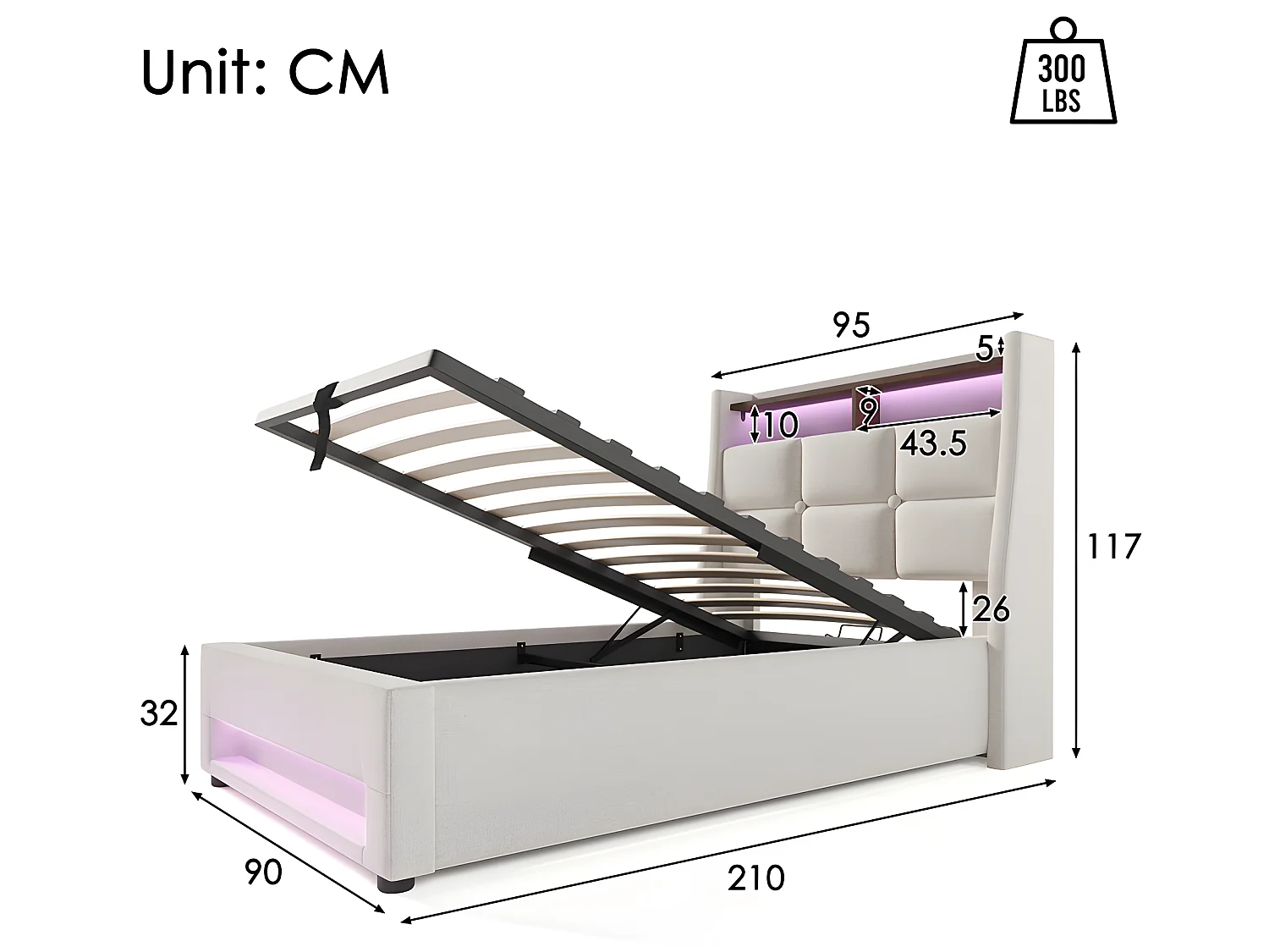 Lit coffre avec chargeur USB et LED - 90 x 200 cm - Beige - Sweiko