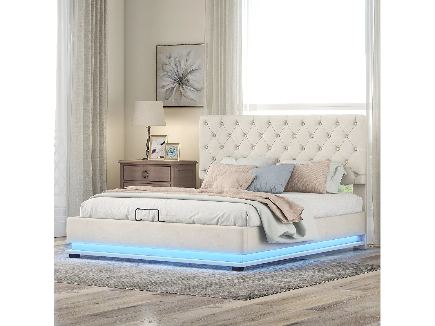 Lit coffre Lit adulte Lit capitonné avec bande lumineuse LED - beige 140x200 cm - Sweiko