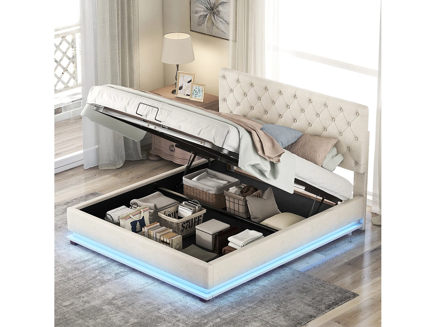 Lit coffre Lit adulte Lit capitonné avec bande lumineuse LED - beige 140x200 cm - Sweiko