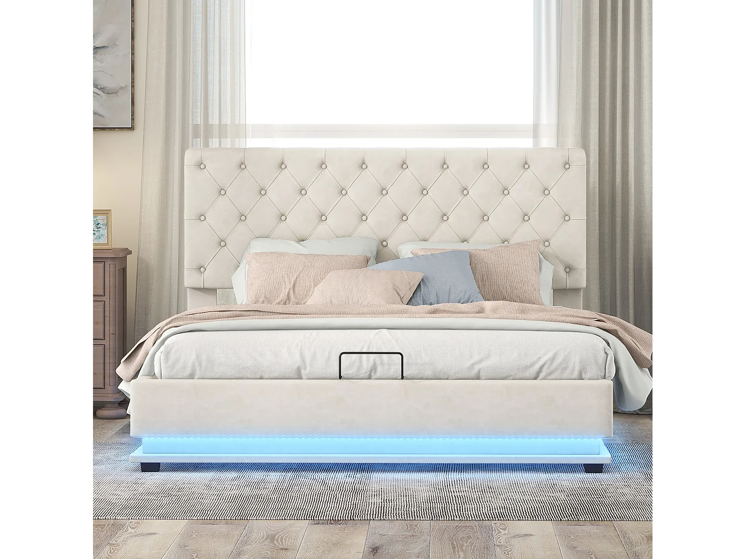 Lit coffre Lit adulte Lit capitonné avec bande lumineuse LED - beige 140x200 cm - Sweiko