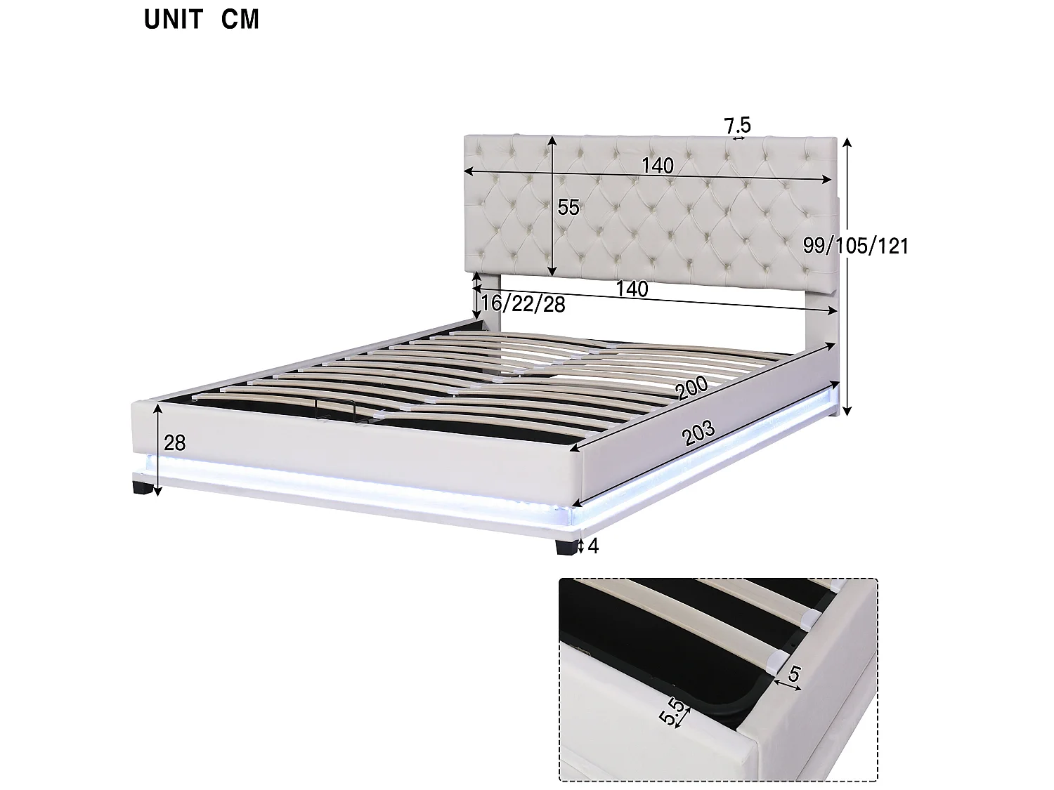 Lit coffre Lit adulte Lit capitonné avec bande lumineuse LED - beige 140x200 cm - Sweiko