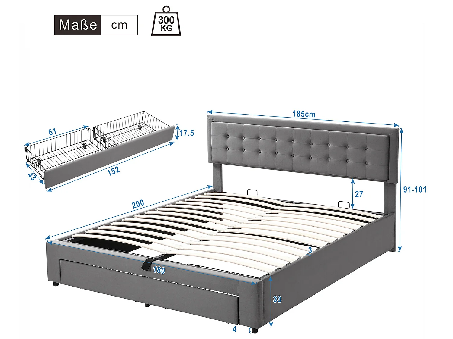 Lit coffre adulte avec tiroirs - tête de lit réglable - 180x200cm - gris - Sweiko