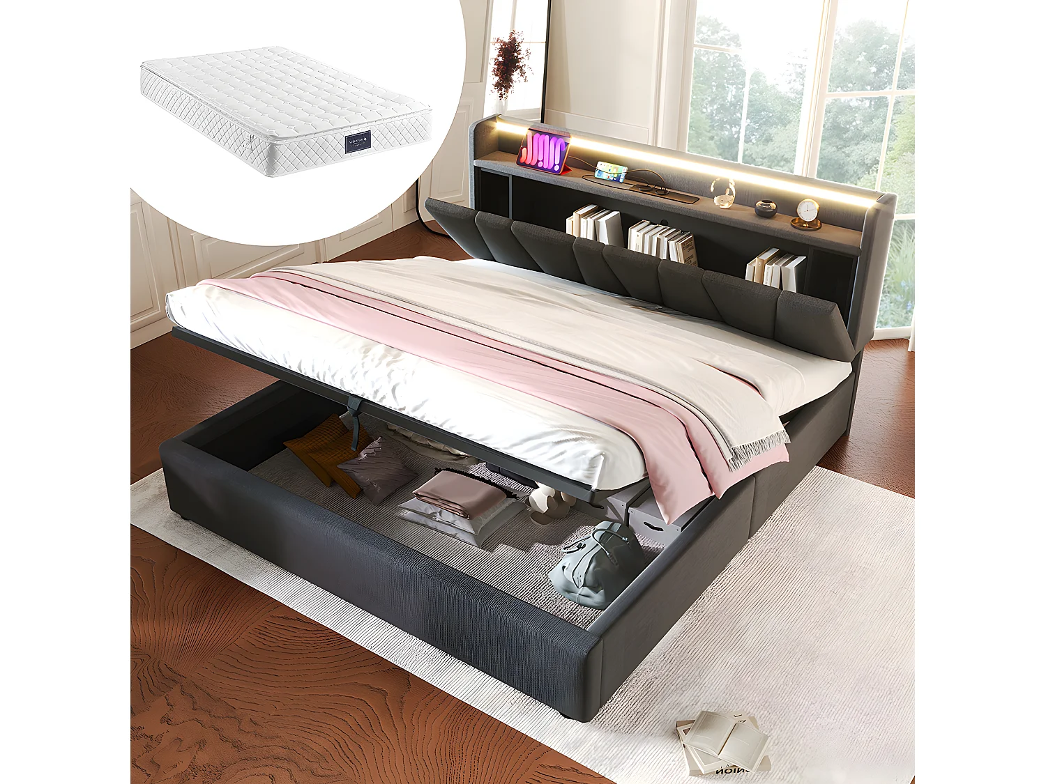 Lit coffre adulte capitonnée - 140 x 200 cm station de charge USB - chevets intégrés avec LED - Gris - Sweiko