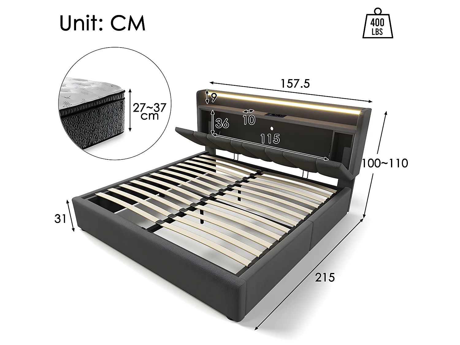 Lit coffre adulte capitonnée - 140 x 200 cm station de charge USB - chevets intégrés avec LED - Gris - Sweiko