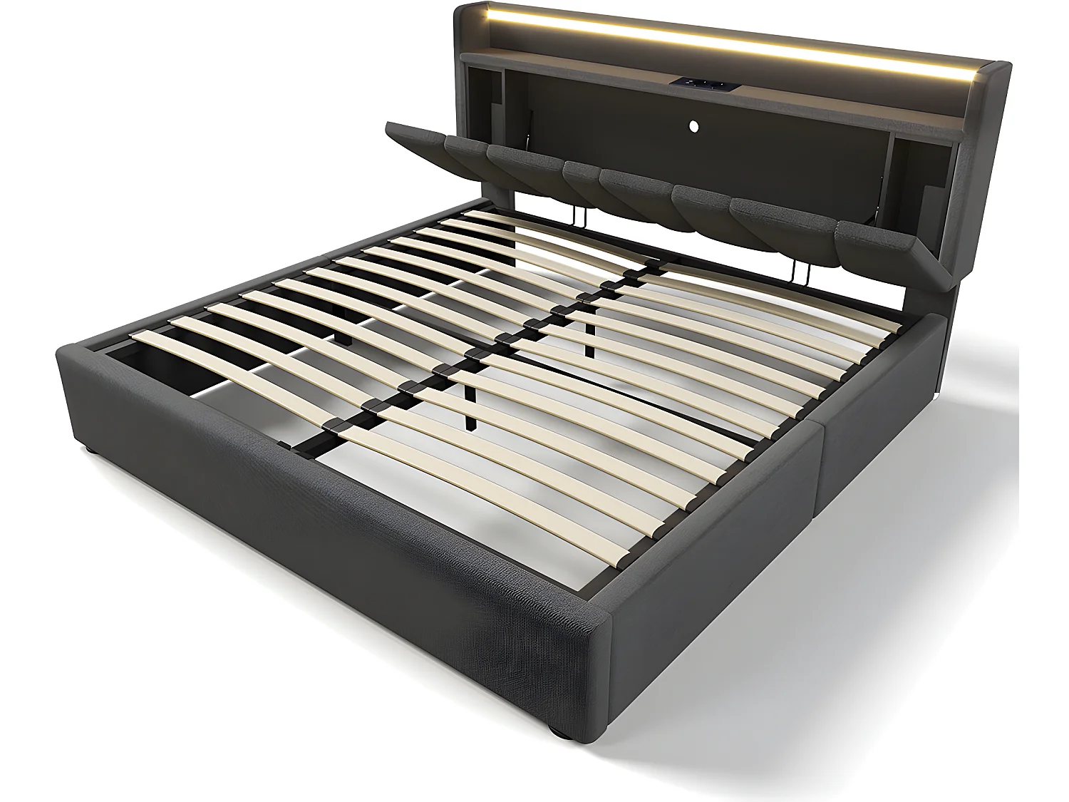 Lit coffre adulte capitonnée - 140 x 200 cm station de charge USB - chevets intégrés avec LED - Gris - Sweiko