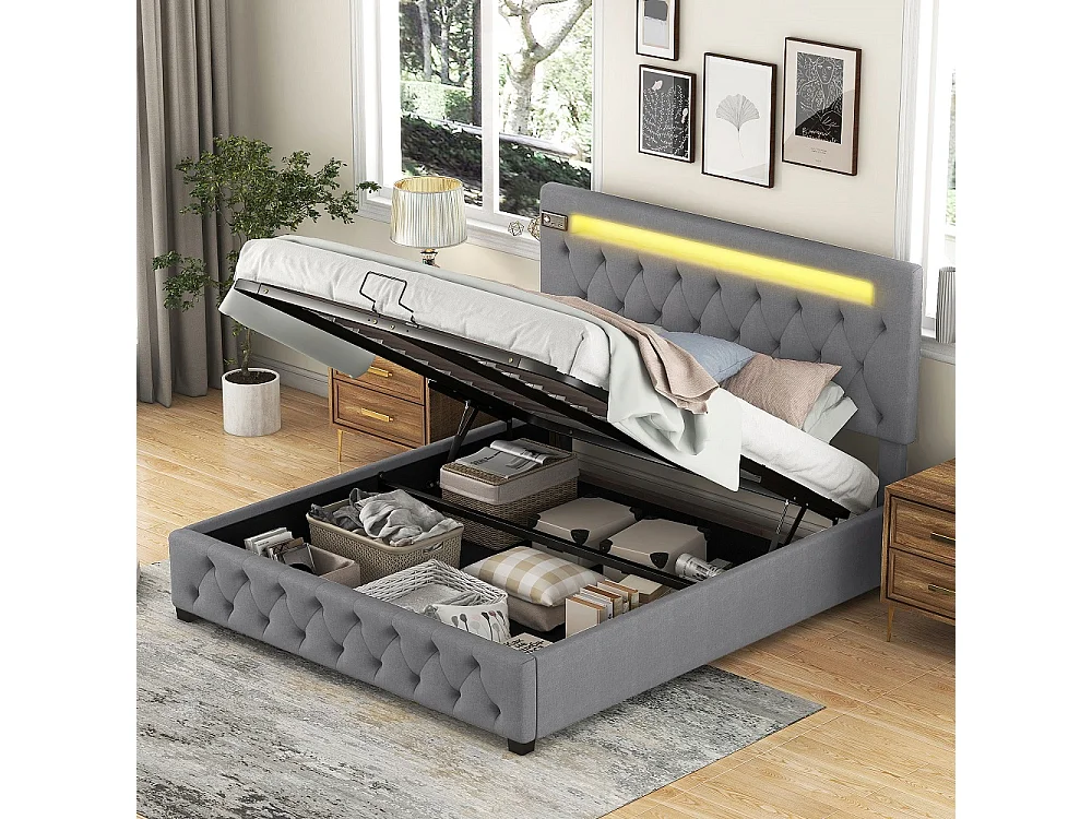 Lit coffre 140x200cm - avec chargeur USB Lecteur Bluetooth et éclairage LED - Gris - Sweiko