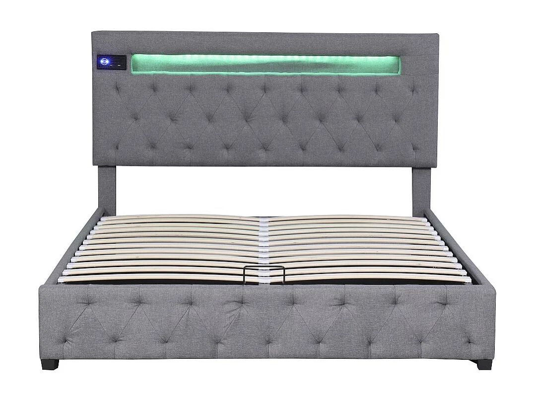 Lit coffre 140x200cm - avec chargeur USB Lecteur Bluetooth et éclairage LED - Gris - Sweiko