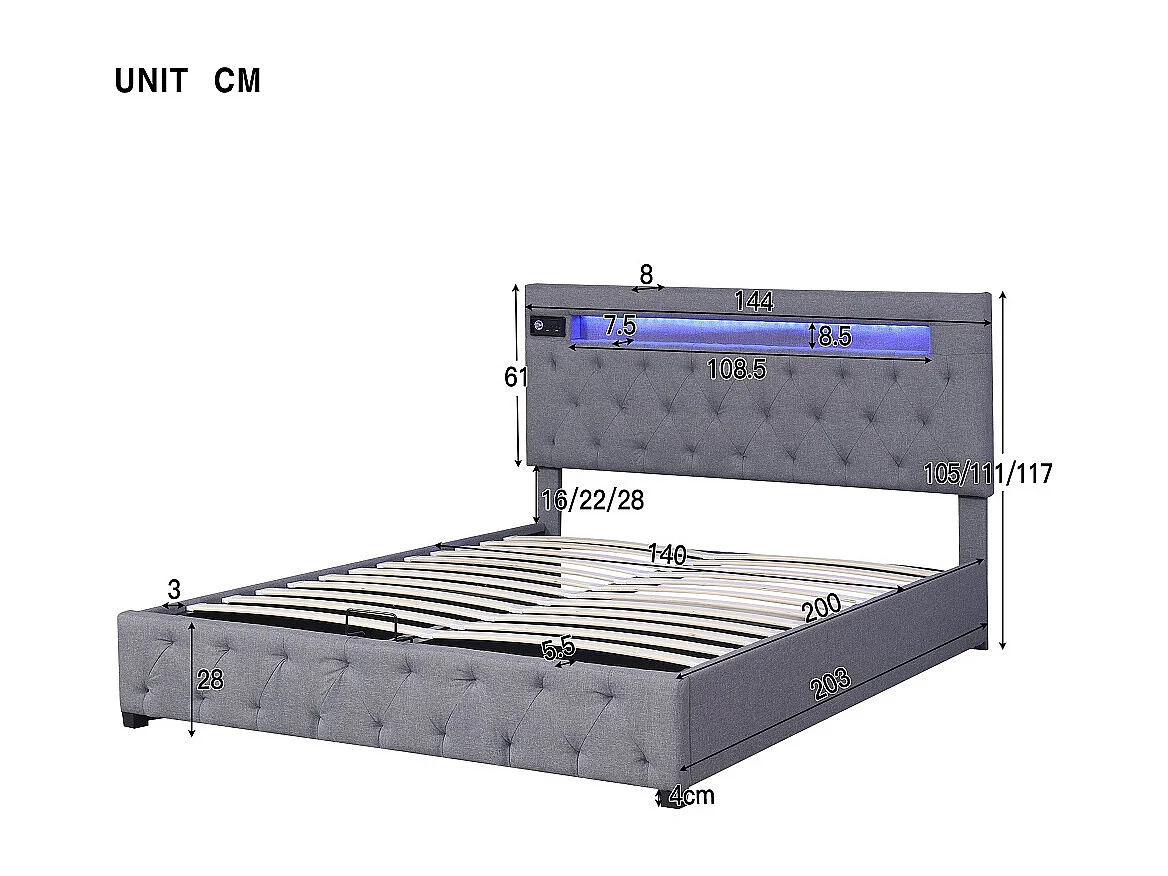 Lit coffre 140x200cm - avec chargeur USB Lecteur Bluetooth et éclairage LED - Gris - Sweiko