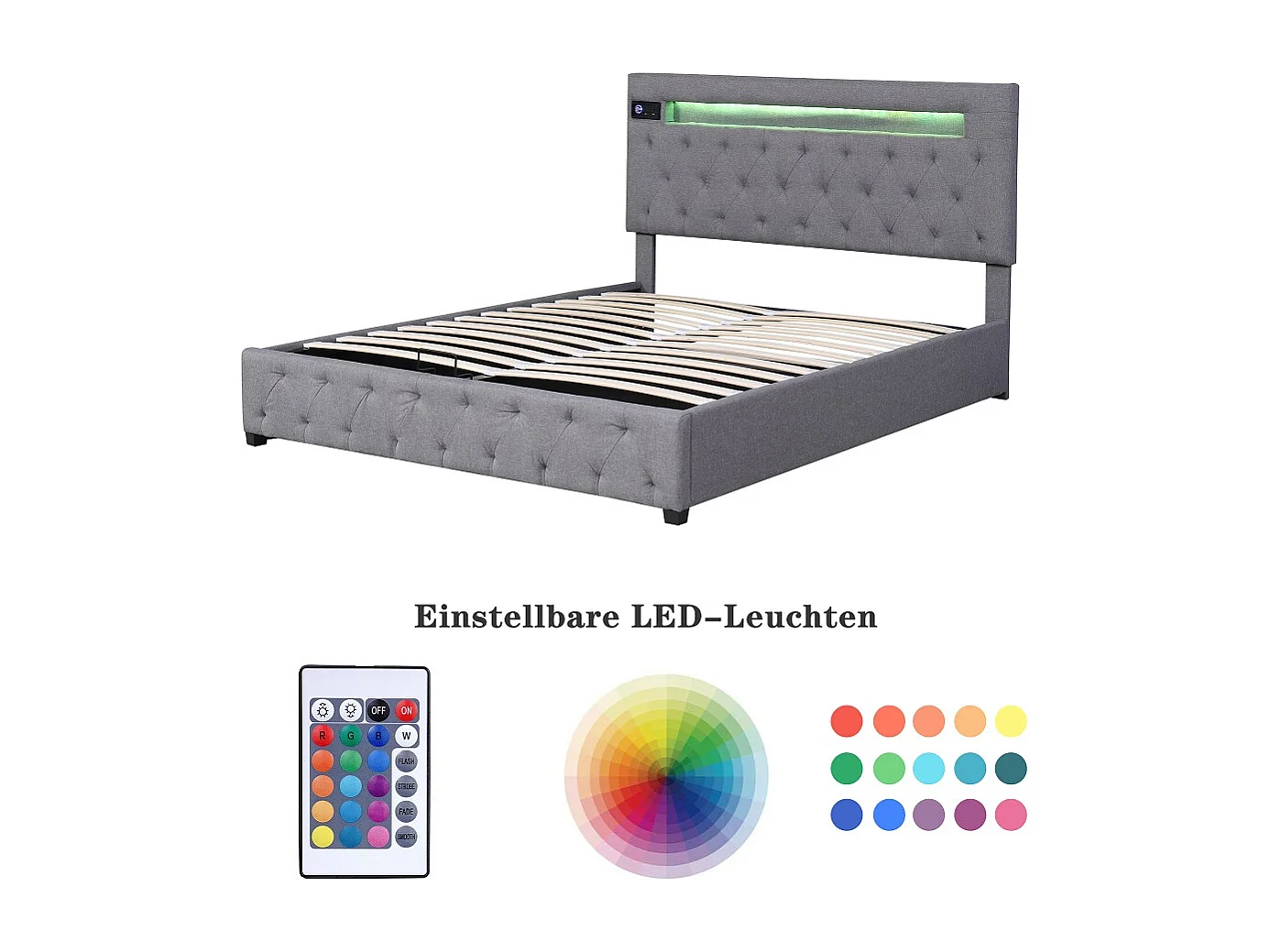 Lit coffre 140x200cm - avec chargeur USB Lecteur Bluetooth et éclairage LED - Gris - Sweiko