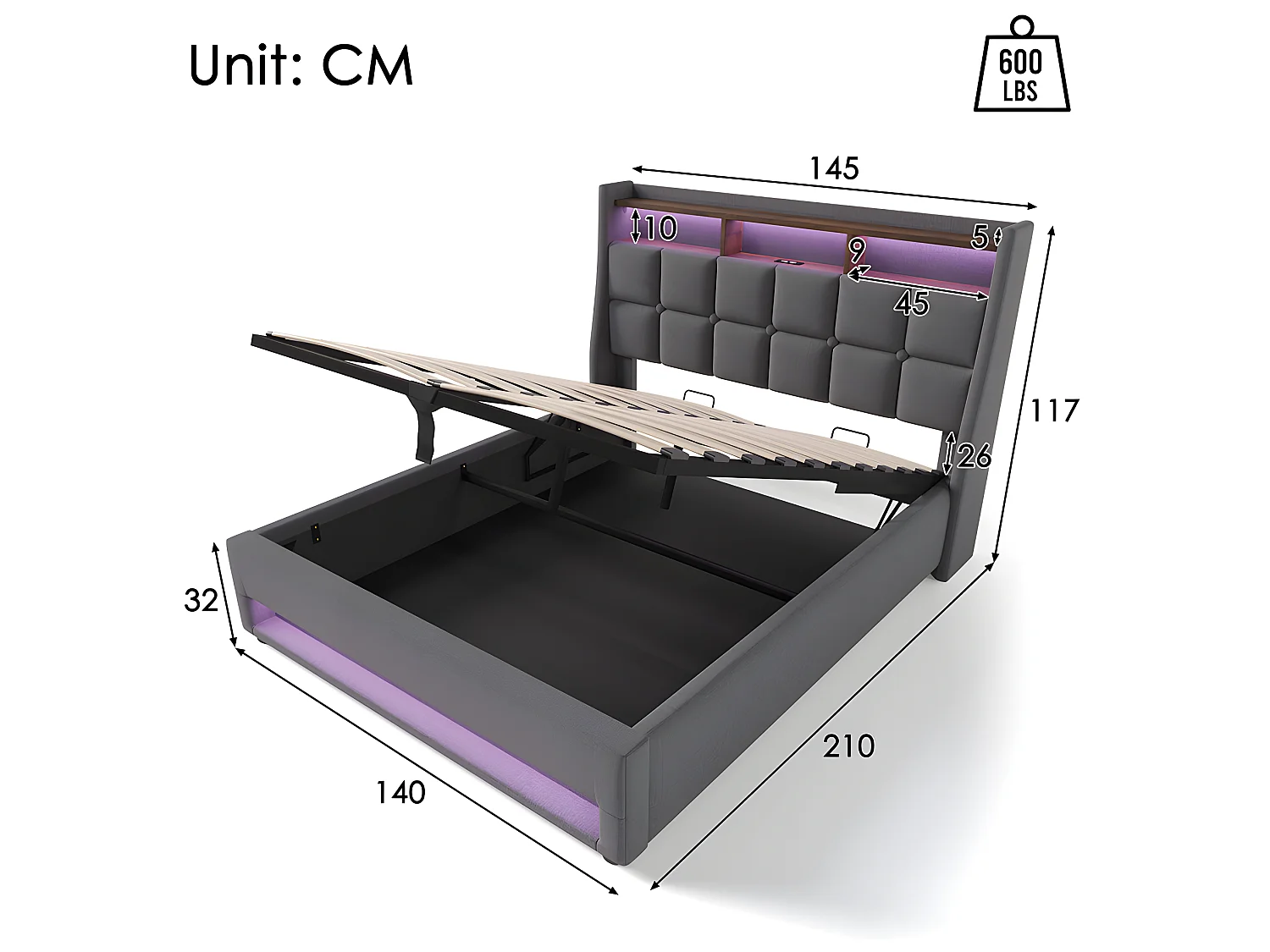 Lit coffre avec chargeur USB et LED - 140 x 200 cm - Gris - Sweiko