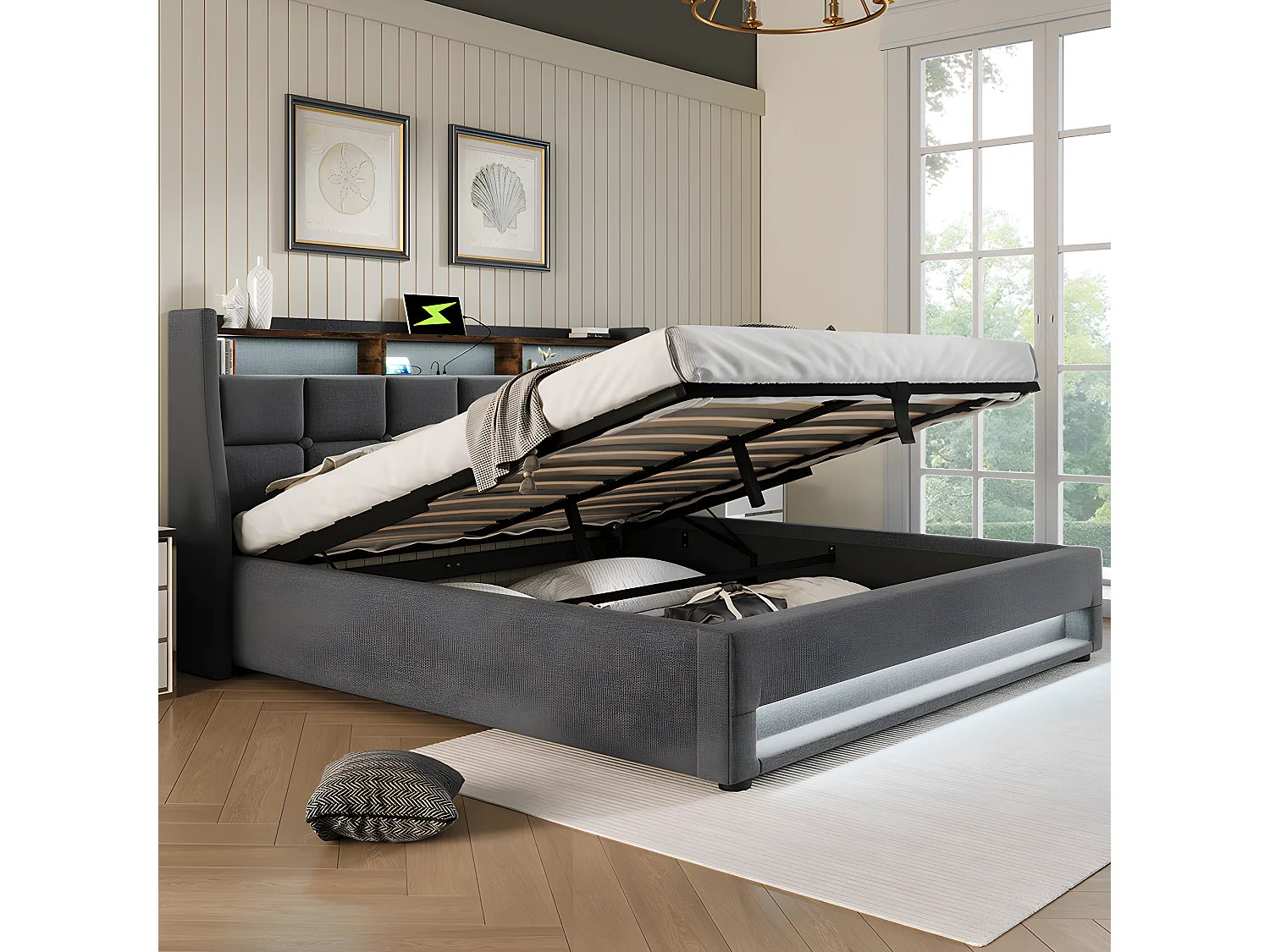 Lit coffre avec chargeur USB et LED - 140 x 200 cm - Gris - Sweiko