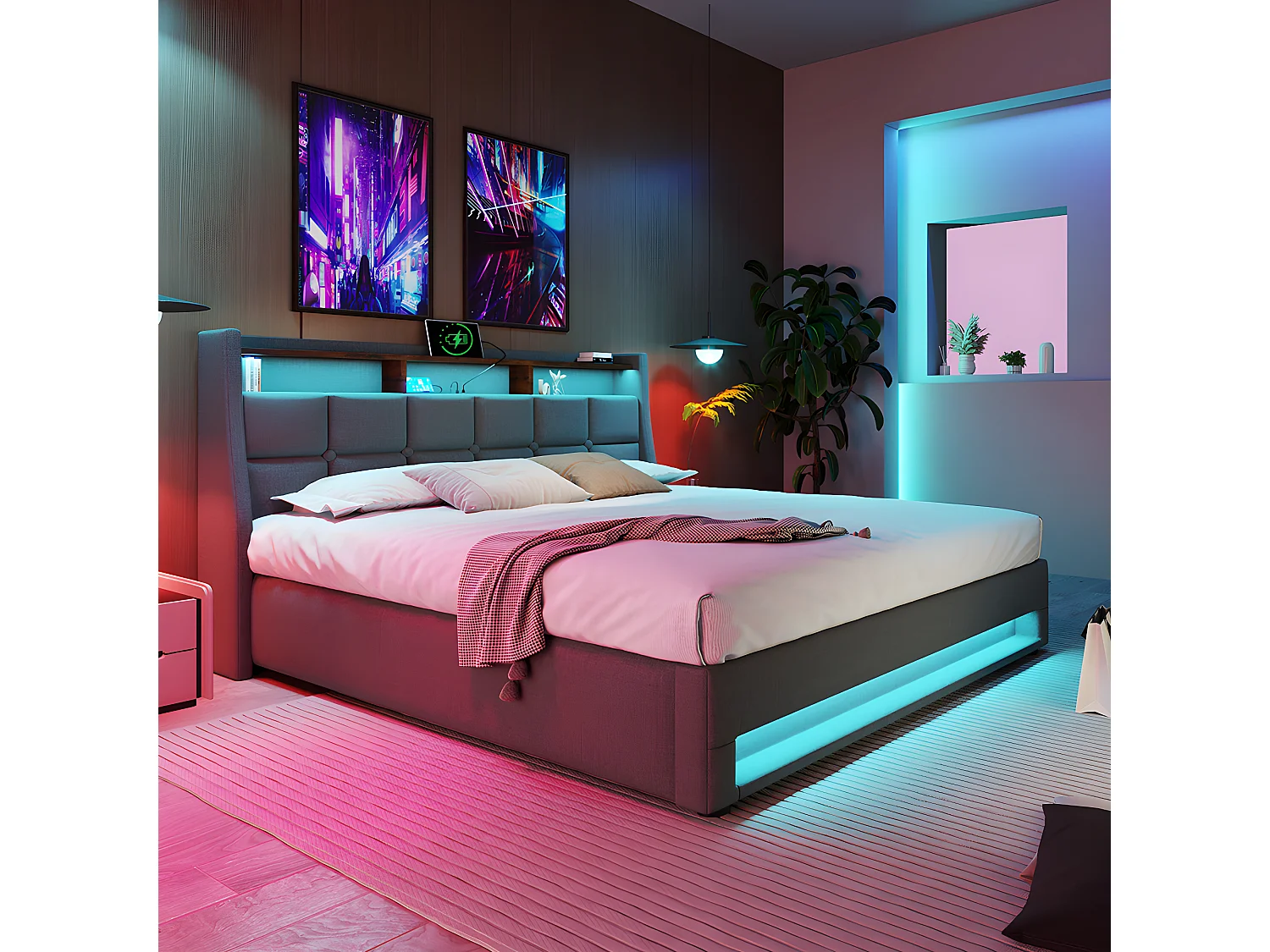 Lit coffre avec chargeur USB et LED - 140 x 200 cm - Gris - Sweiko