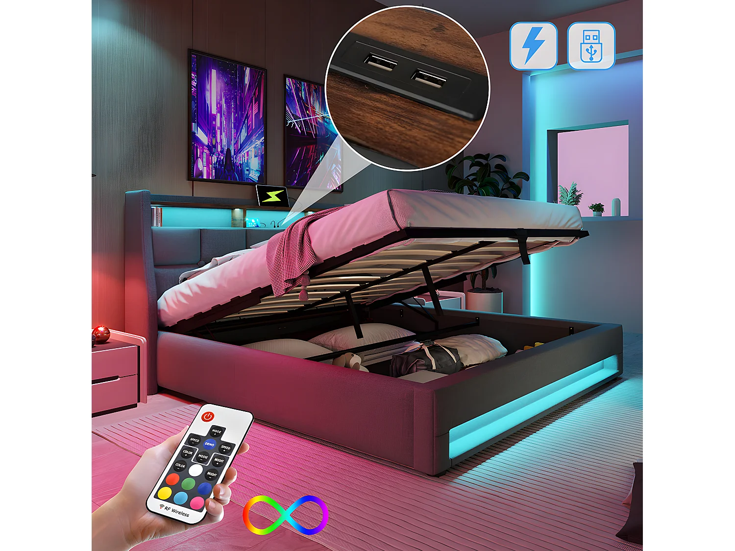 Lit coffre avec chargeur USB et LED - 140 x 200 cm - Gris - Sweiko