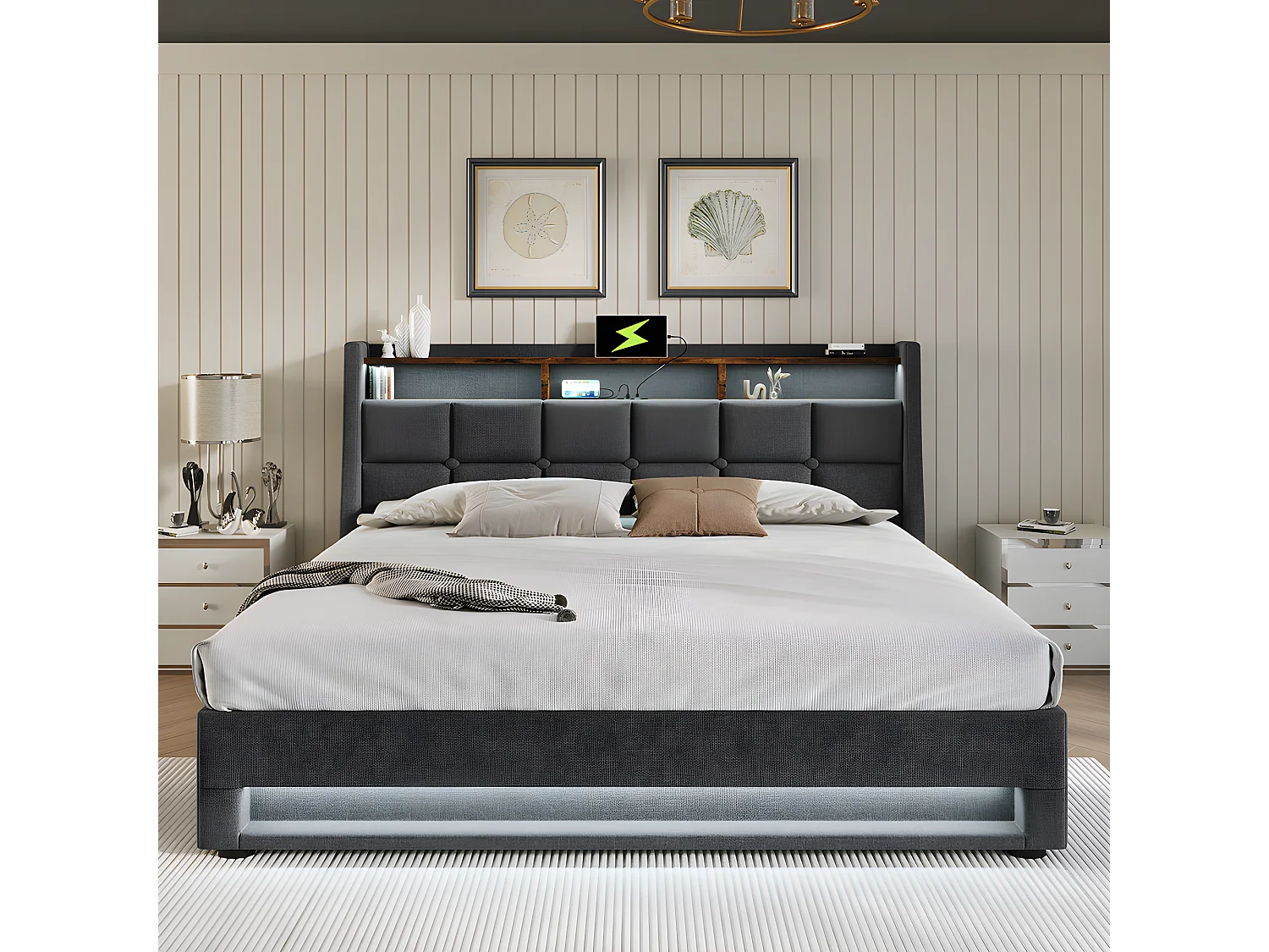 Lit coffre avec chargeur USB et LED - 160 x 200 cm - Gris - Sweiko