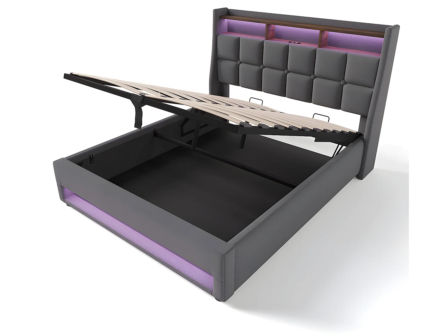 Lit coffre avec chargeur USB et LED - 160 x 200 cm - Gris - Sweiko