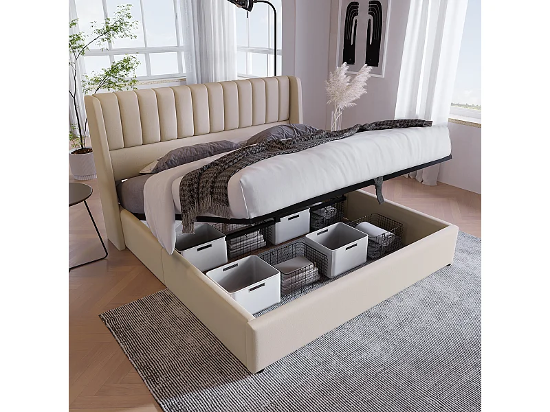 Lit coffre Lit de rangement - Lit double 160x200 cm - lin beige - Sweiko