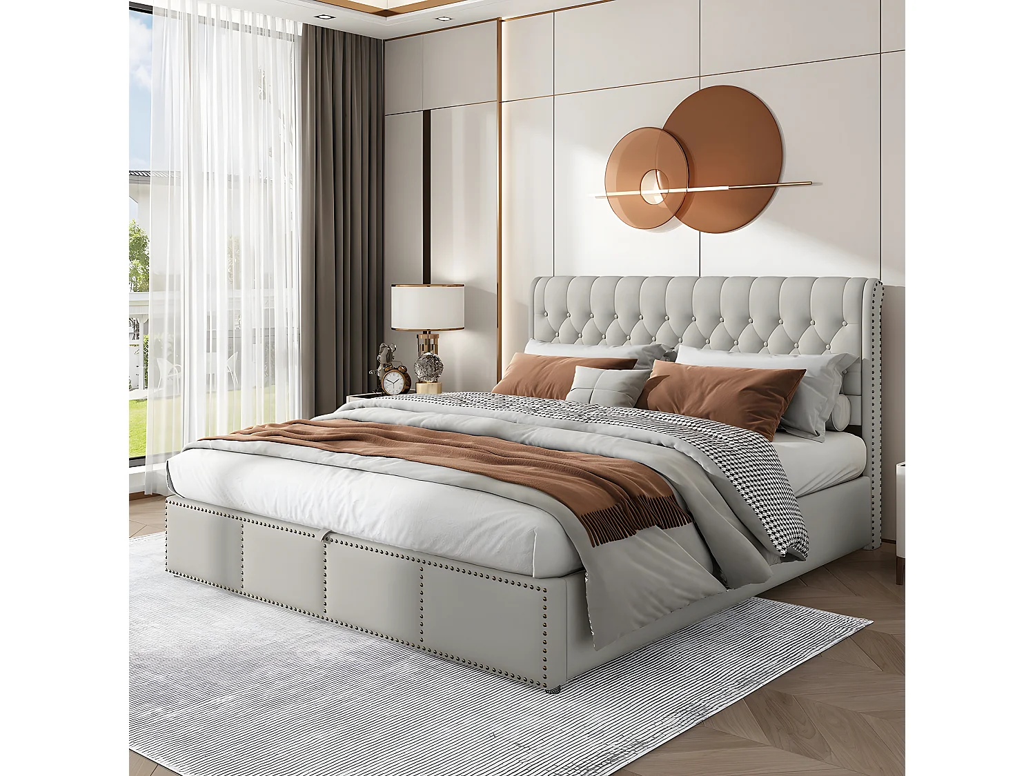 Lit coffre Lit rembourré - lit fonctionnel de rangement - 180 x 200 cm - Gris clair - Sweiko