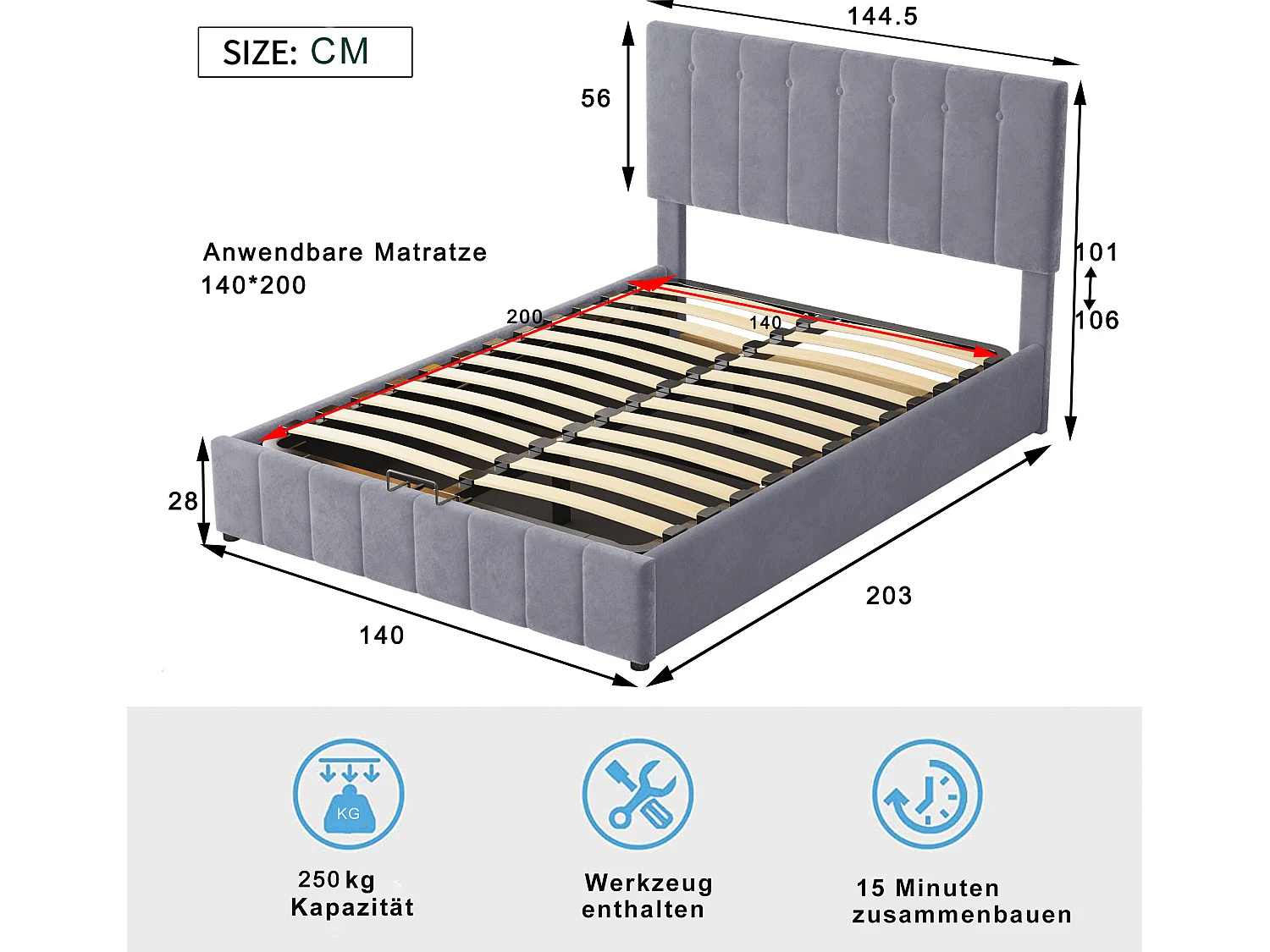 Lit coffre Lit double - gris 140x200 cm - Sweiko