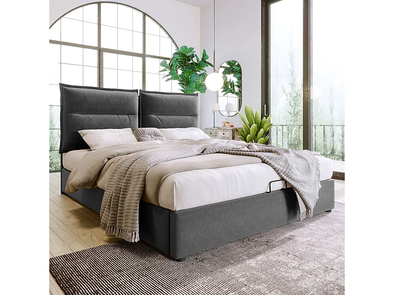 Lit coffre double 140x200 cm - avec structure en métal, tête de lit réglable - Gris - Sweiko