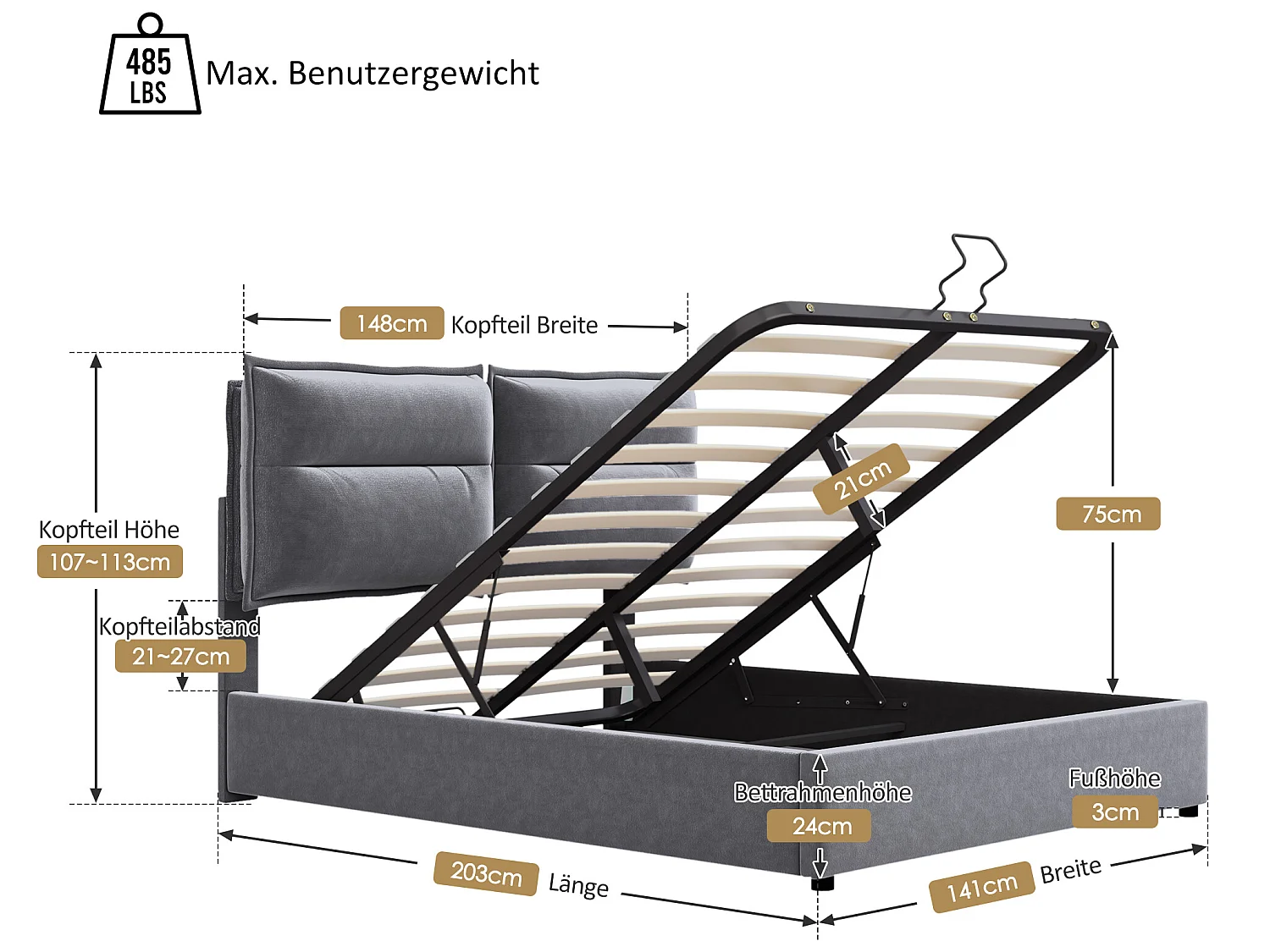 Lit coffre double 140x200 cm - avec structure en métal, tête de lit réglable - Gris - Sweiko