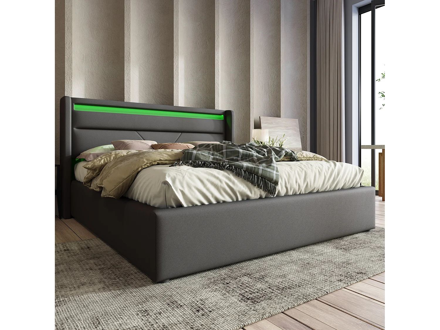 Lit coffre avec barre d'éclairage LED - 160x200cm - Gris - Sweiko