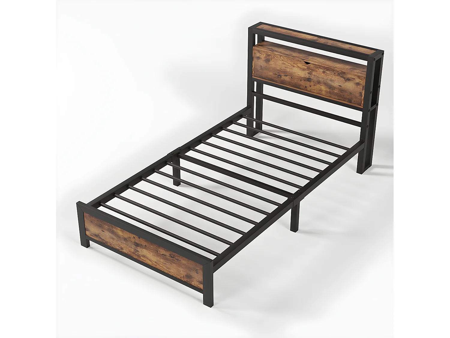 Lit avec coffre - 90 x 190 cm - MDF et métal - Noyer et anthracite - Sweiko