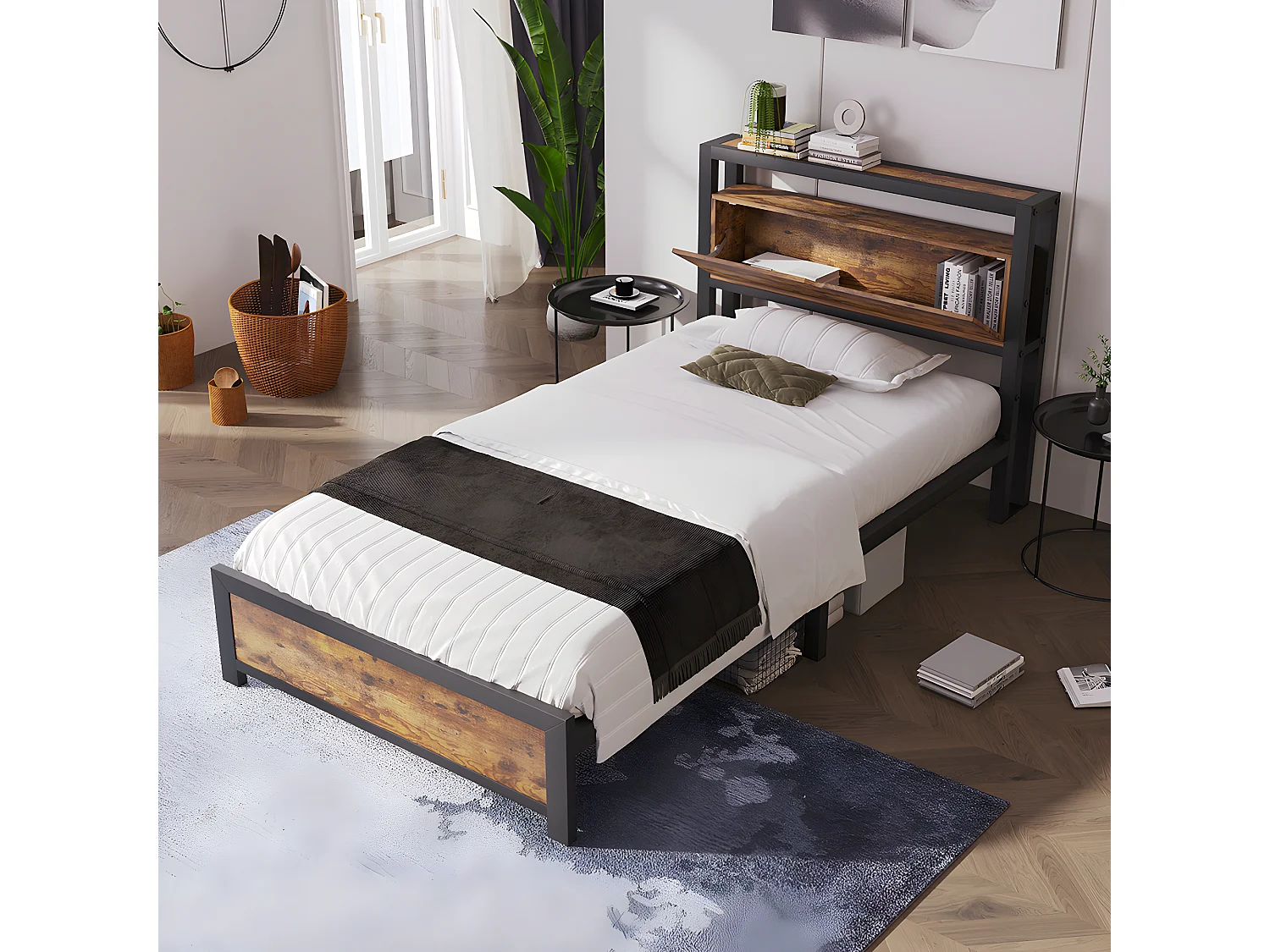 Lit avec coffre - 90 x 190 cm - MDF et métal - Noyer et anthracite - Sweiko