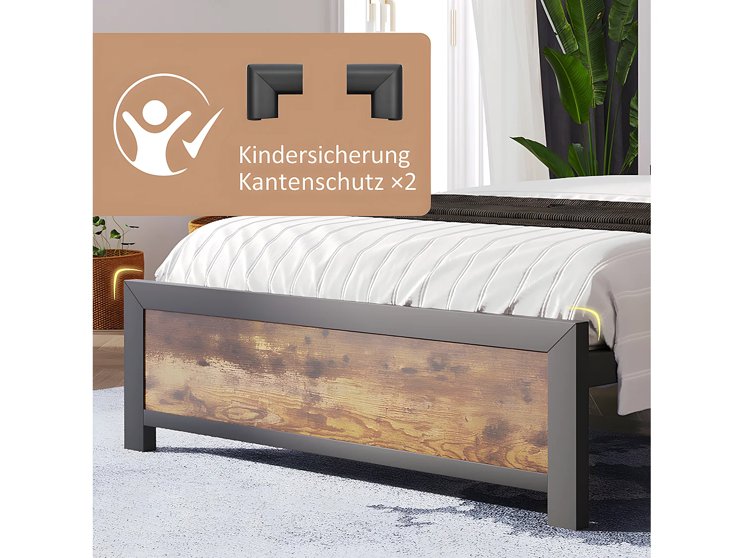 Lit avec coffre - 90 x 190 cm - MDF et métal - Noyer et anthracite - Sweiko