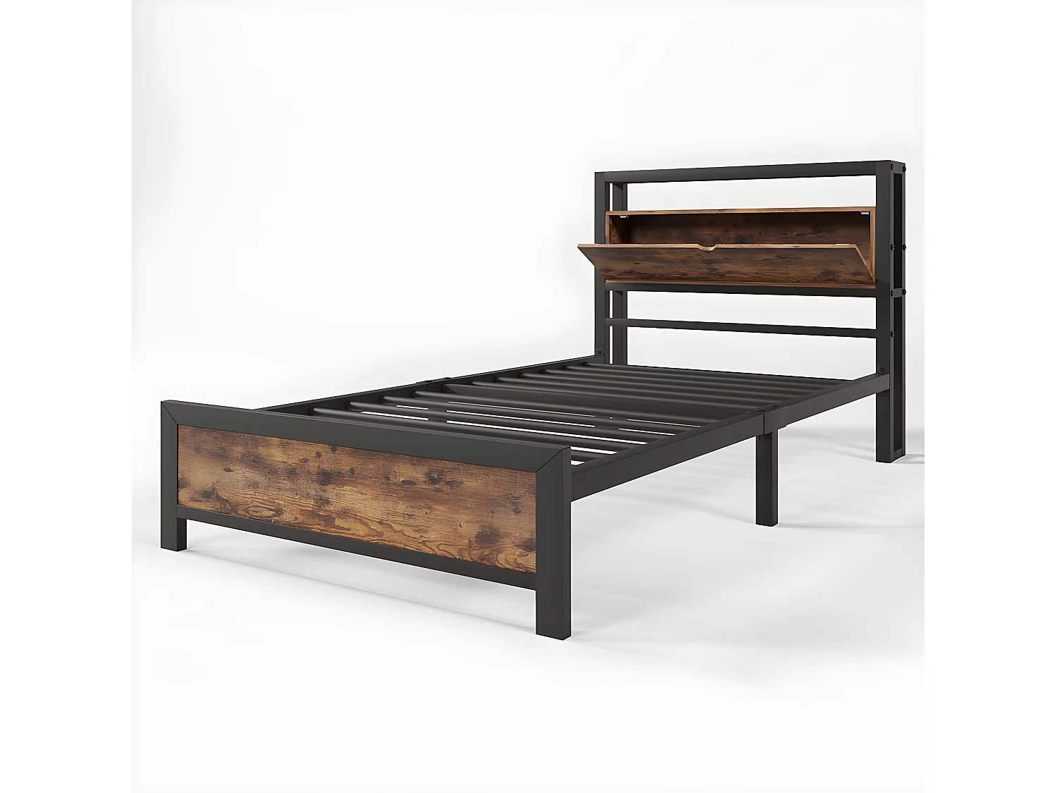 Lit avec coffre - 90 x 190 cm - MDF et métal - Noyer et anthracite - Sweiko