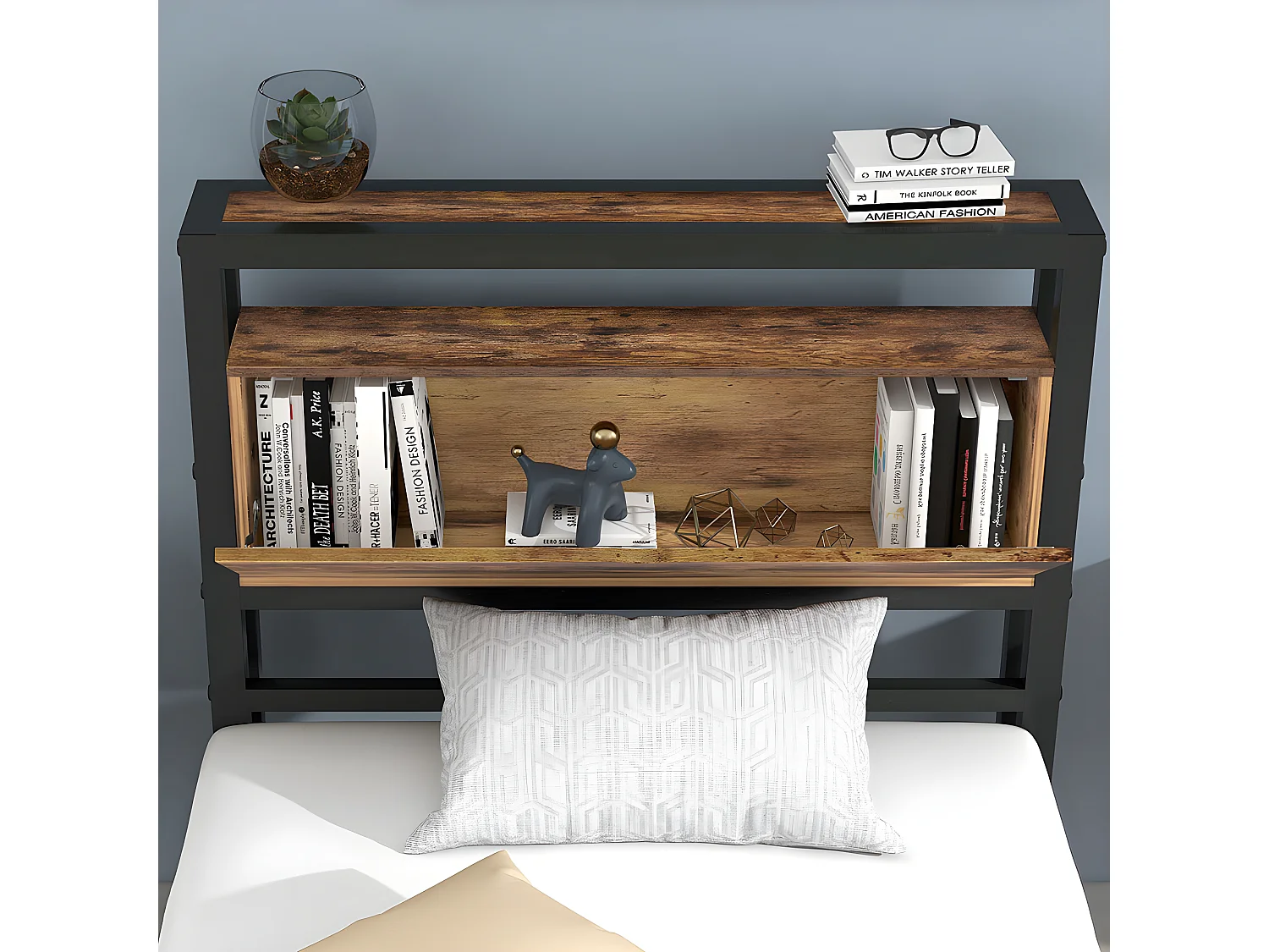 Lit avec coffre - 90 x 190 cm - MDF et métal - Noyer et anthracite - Sweiko