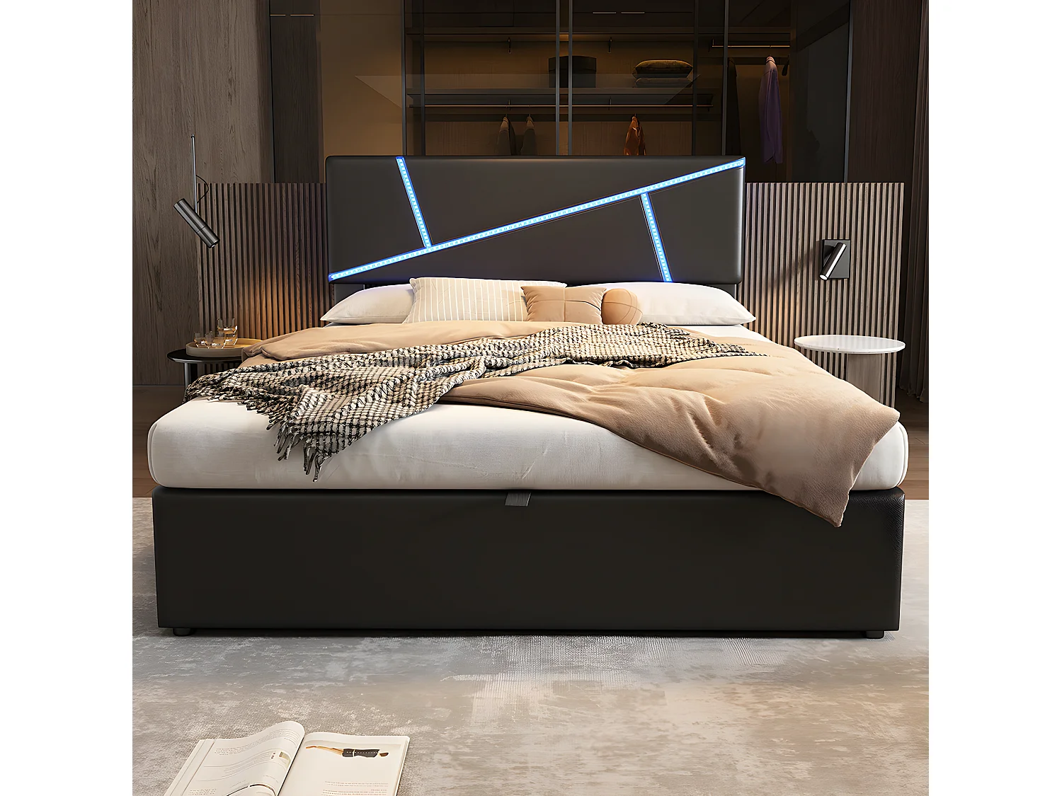 Lit coffre Lit 140x200 cm - avec barres lumineuses LED cuir synthétique, Noir - Sweiko