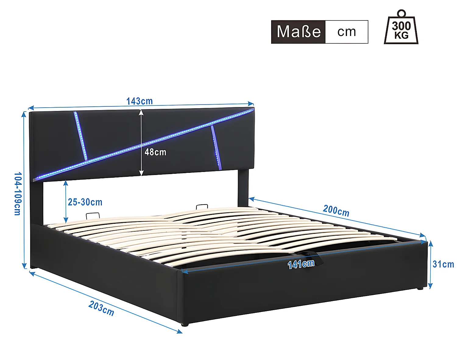 Lit coffre Lit 140x200 cm - avec barres lumineuses LED cuir synthétique, Noir - Sweiko