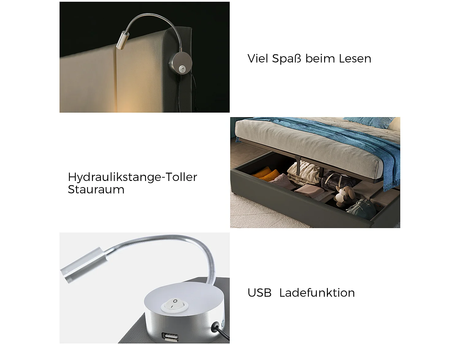 Lit coffre lit de rangement tiroirs liseuse avec chargement USB tête de lit - 140x200 - Sweiko