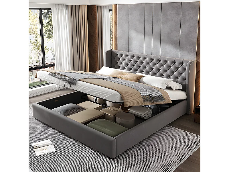 Lit coffre - 160 x 200 cm - avec sommier à lattes relevable - Gris - Sweiko