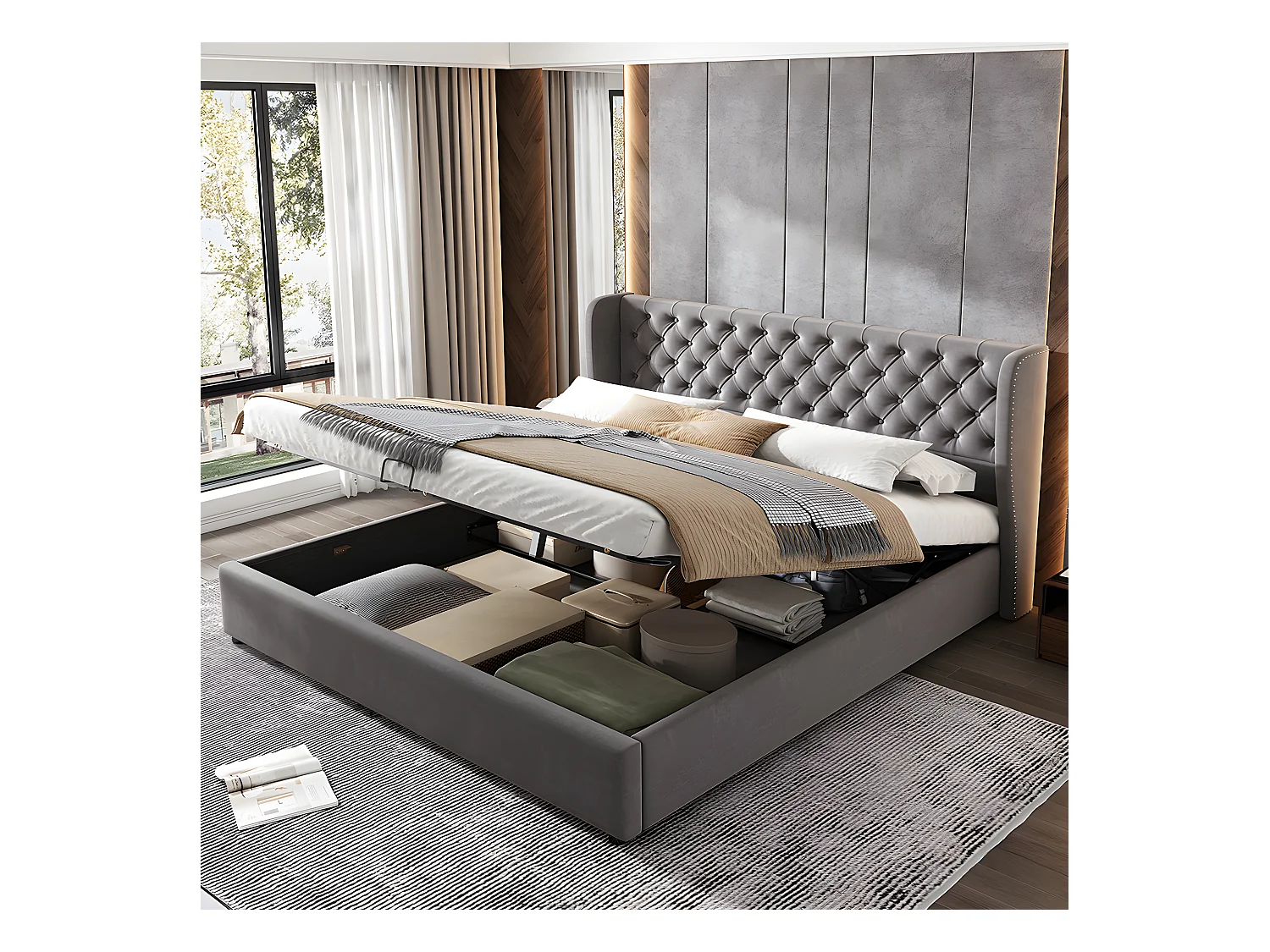Lit coffre - 160 x 200 cm - avec sommier à lattes relevable - Gris - Sweiko