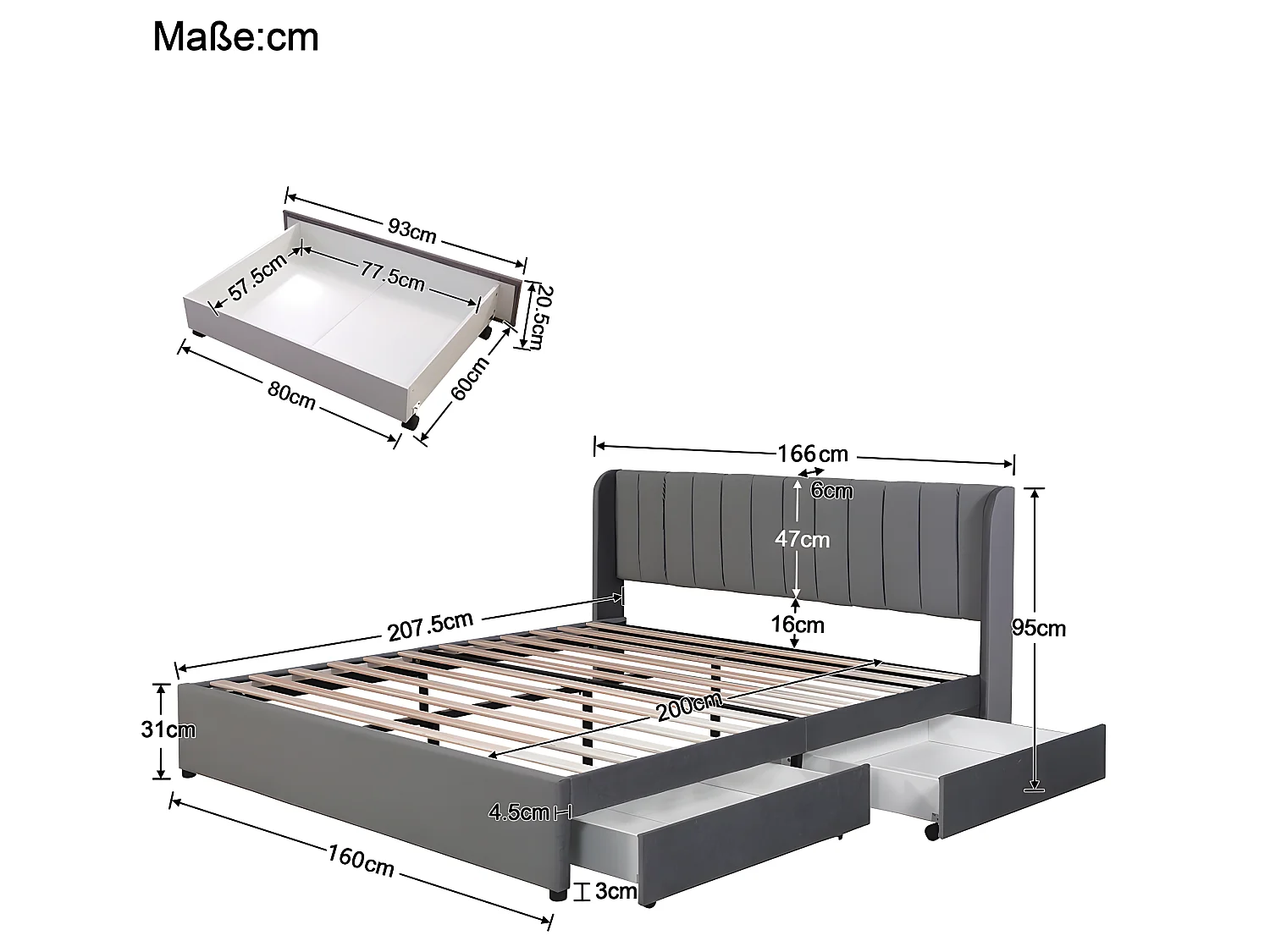 Lit coffre - 160 x 200 cm - avec sommier à lattes relevable - Gris - Sweiko
