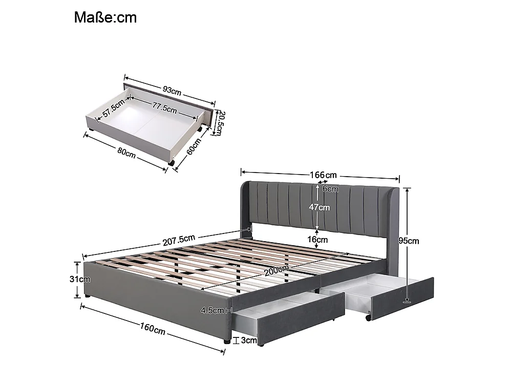 Lit coffre - 160 x 200 cm - avec sommier à lattes relevable - Gris - Sweiko