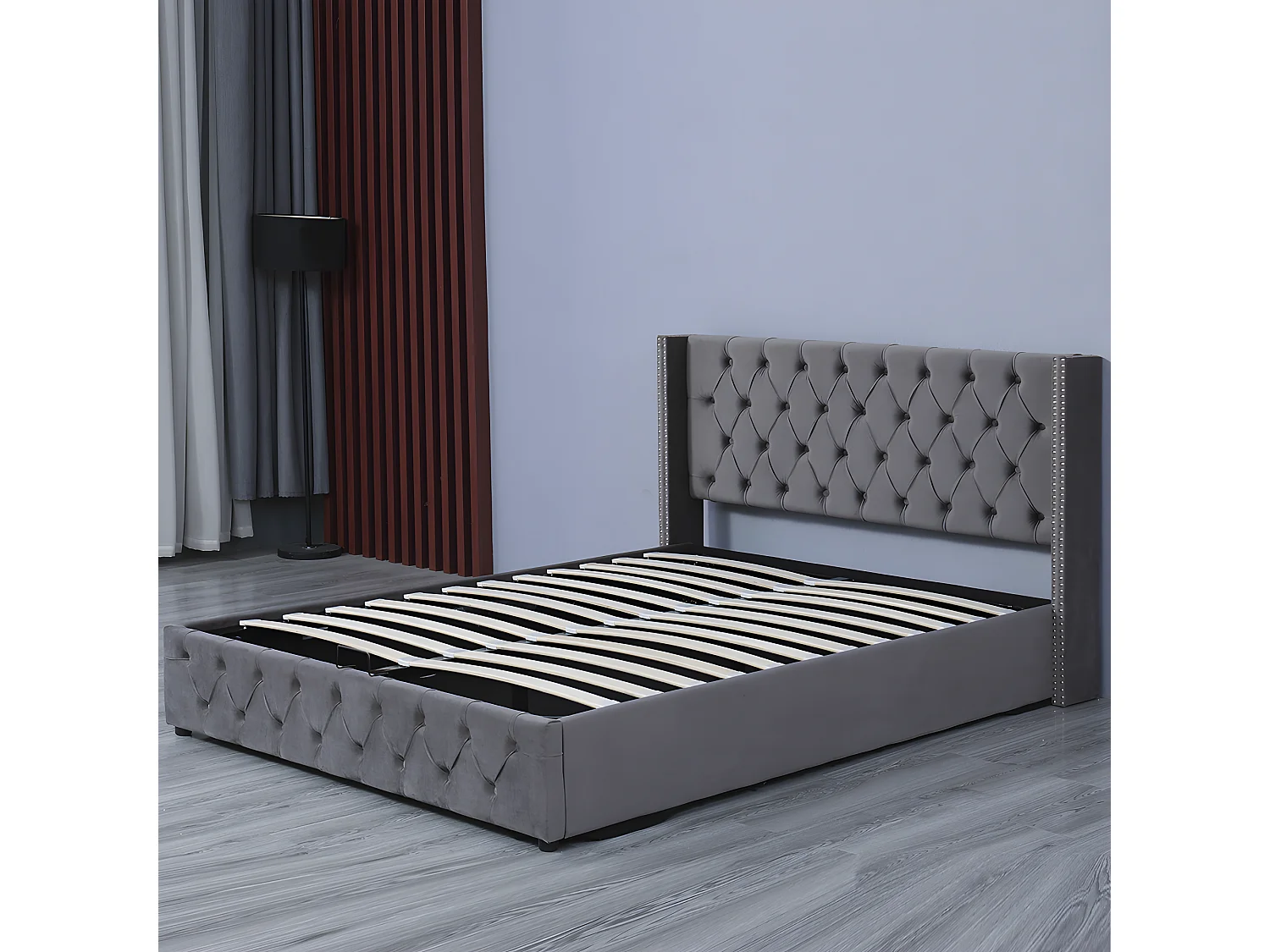 Lit coffre - 140 x 190 cm - avec sommier à lattes relevable - Gris - Sweiko