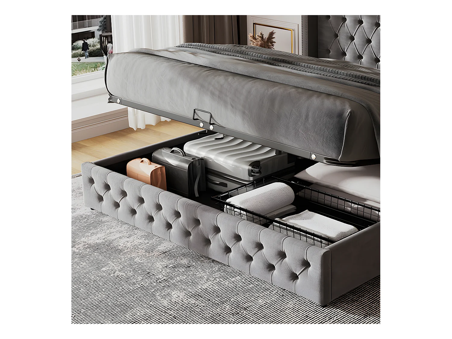 Lit coffre - 140 x 190 cm - avec sommier à lattes relevable - Gris - Sweiko