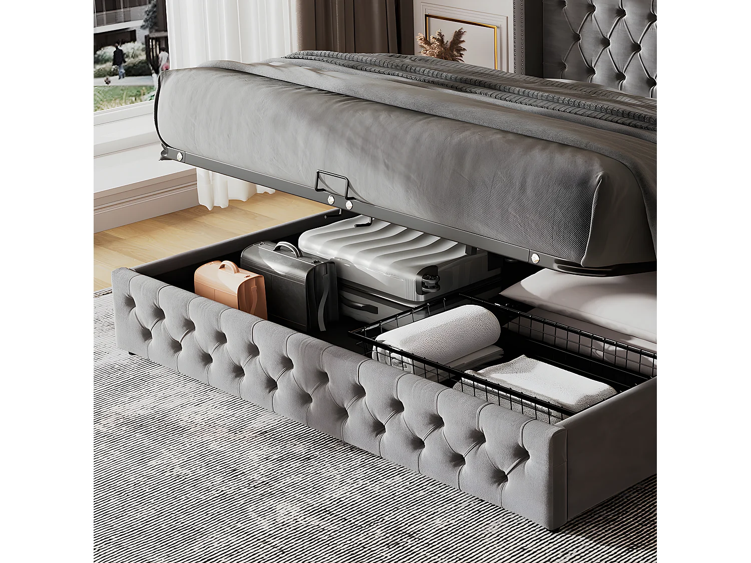 Lit coffre - 140 x 190 cm - avec sommier à lattes relevable - Gris - Sweiko