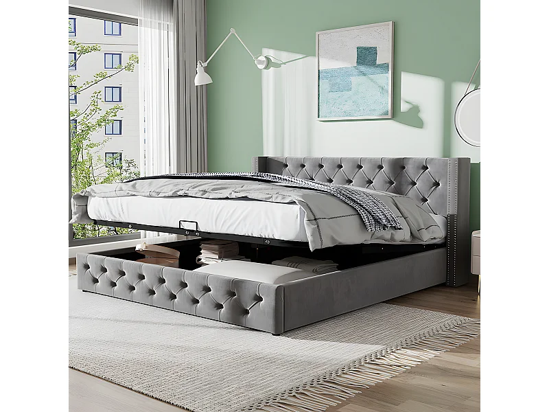 Lit coffre - 140 x 190 cm - avec sommier à lattes relevable - Gris - Sweiko