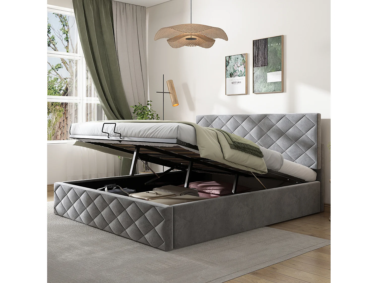 Lit coffre - 140x200cm - Velours - gris- Sweiko
