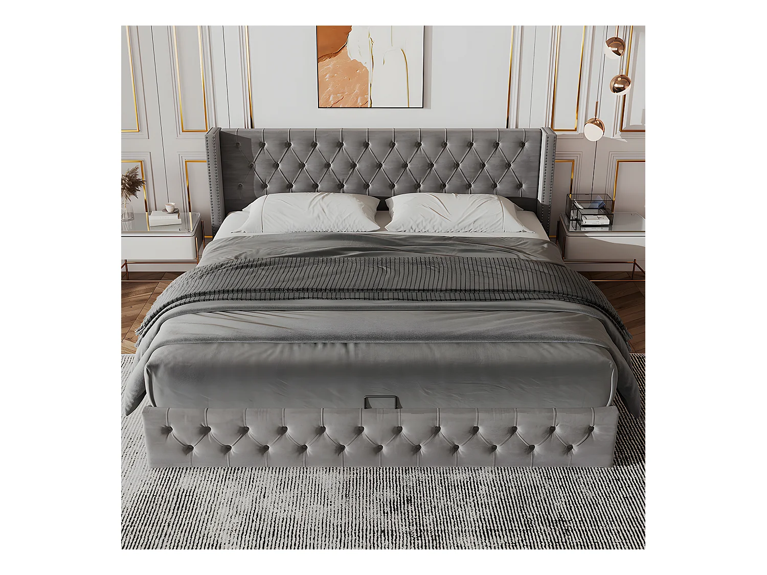 Lit coffre - 160 x 200 cm - avec sommier à lattes relevable - Gris - Sweiko