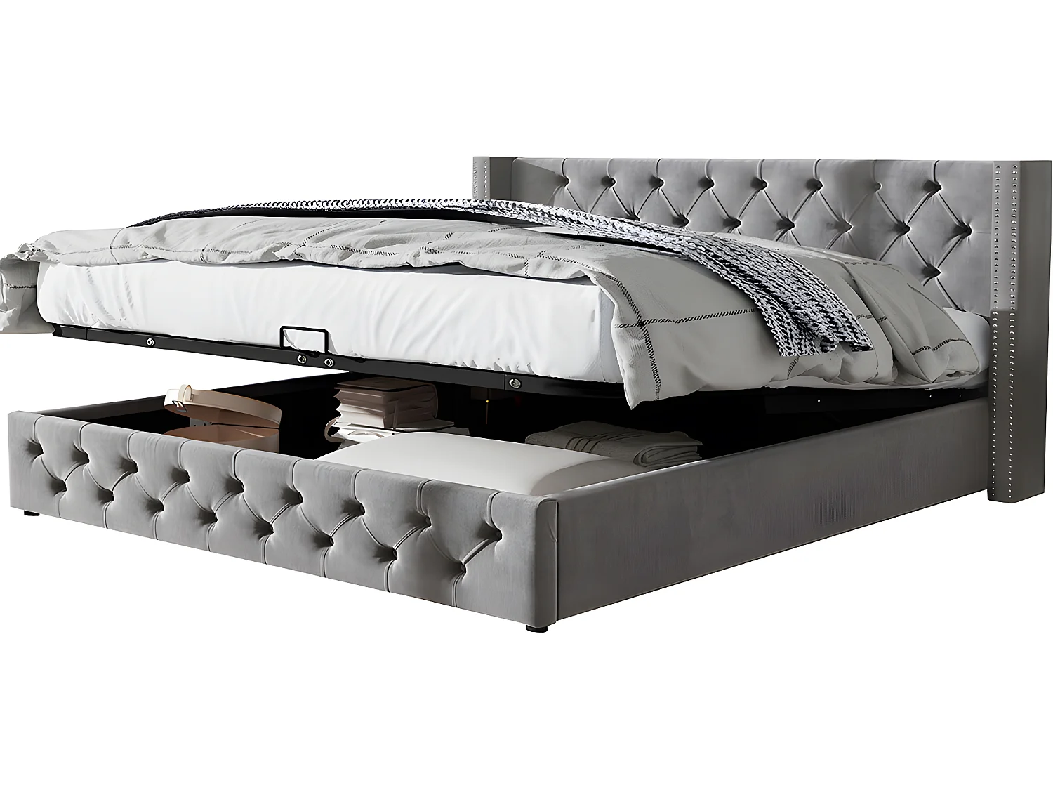 Lit coffre - 160 x 200 cm - avec sommier à lattes relevable - Gris - Sweiko