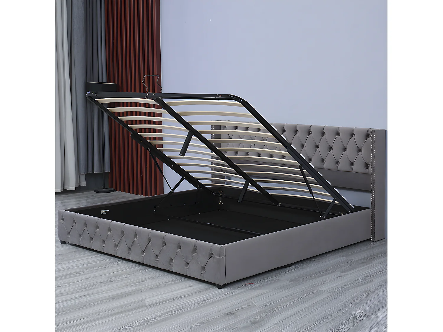 Lit coffre - 160 x 200 cm - avec sommier à lattes relevable - Gris - Sweiko